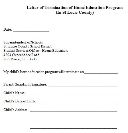 letter of termination of home education program