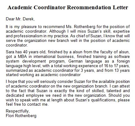 academic coordinator recommendation letter