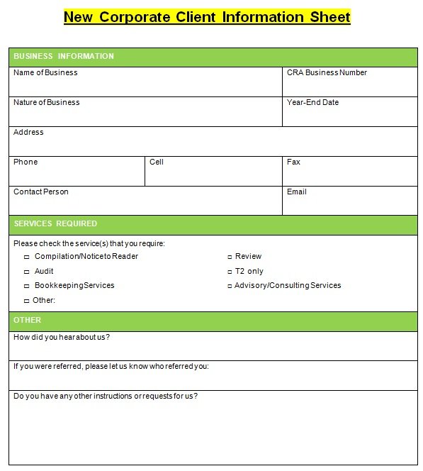 new corporate client information sheet template